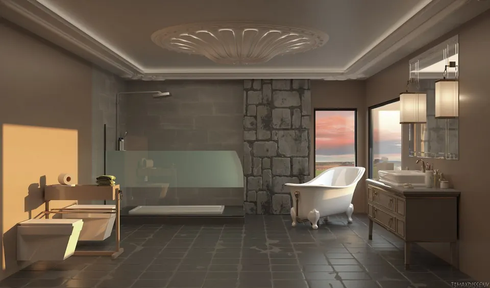 Großzügiges Bad mit Steinwand und Wanne
